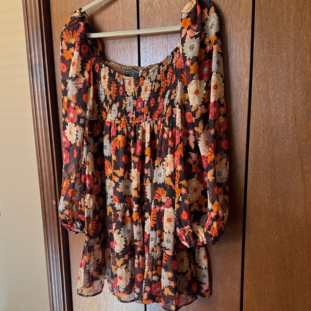 Dress Forum Floral Long Sleeve Dress - Red, Orange, Cream